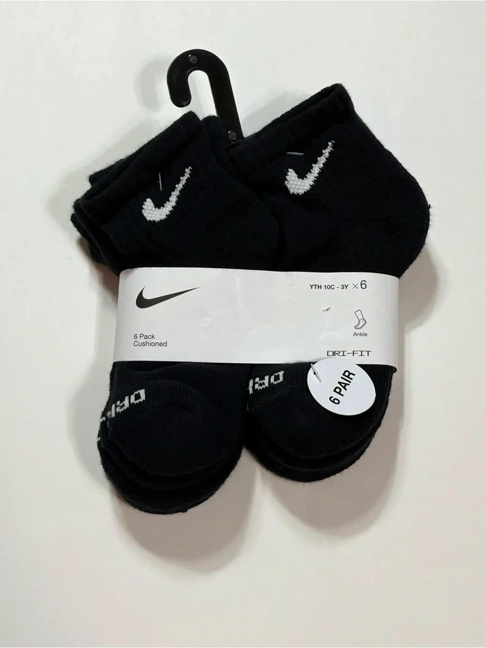 Nike Black Youth Ankle Socks with White Swoosh - 6 Pack